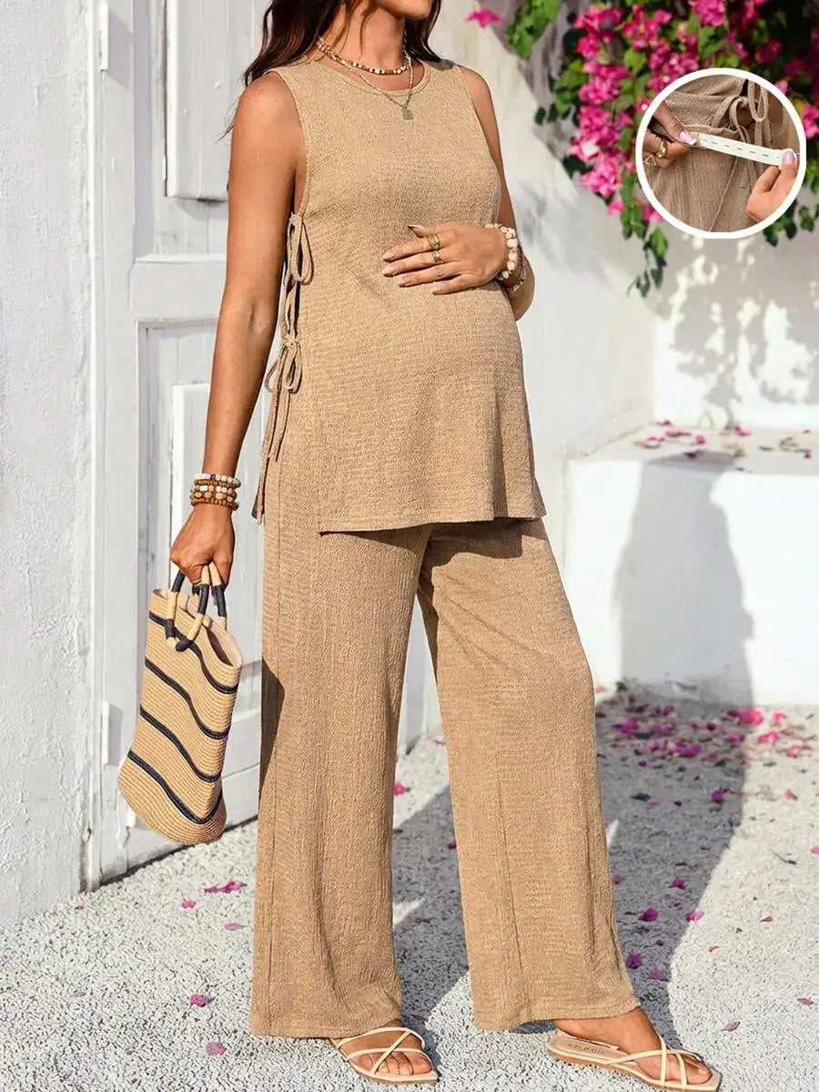 2pcs Solid Color Round Neck Twist Front Top And Adjustable Waist Wide Leg Pants Set