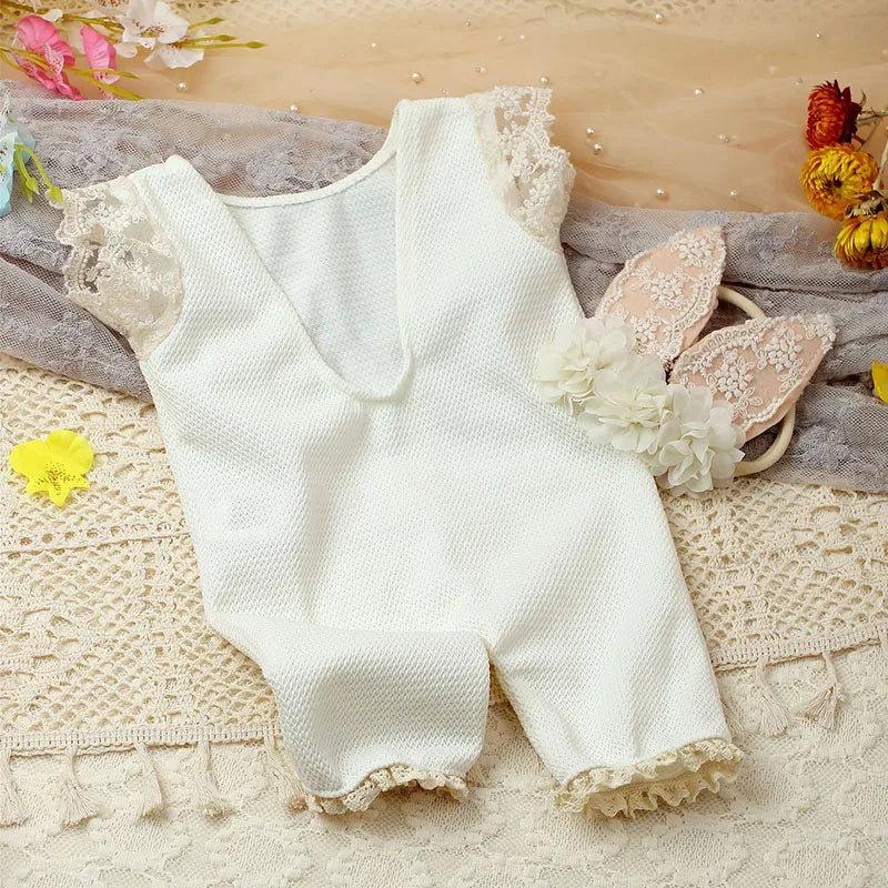Newborn Photography Outfits Cute Rabbit Style Lace Romper Jumpsuit with Headband Infant Picture Shooting Props