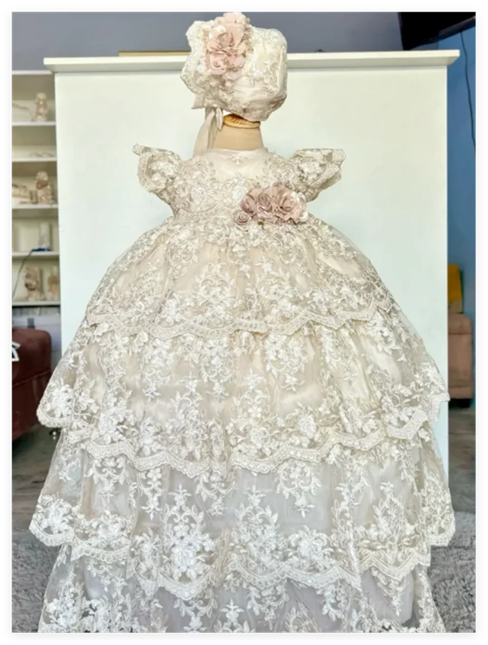 Christening Gown for Little Kids Short Sleeve Lace Pearls Flower Girl Dress First Communion Dress Cute Toddler Infant Baptism