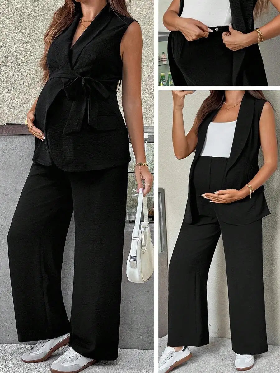 Solid Color Belted Vest Blazer And Wide Leg Pants Two Piece Set Maternity Business Casual Outfit
