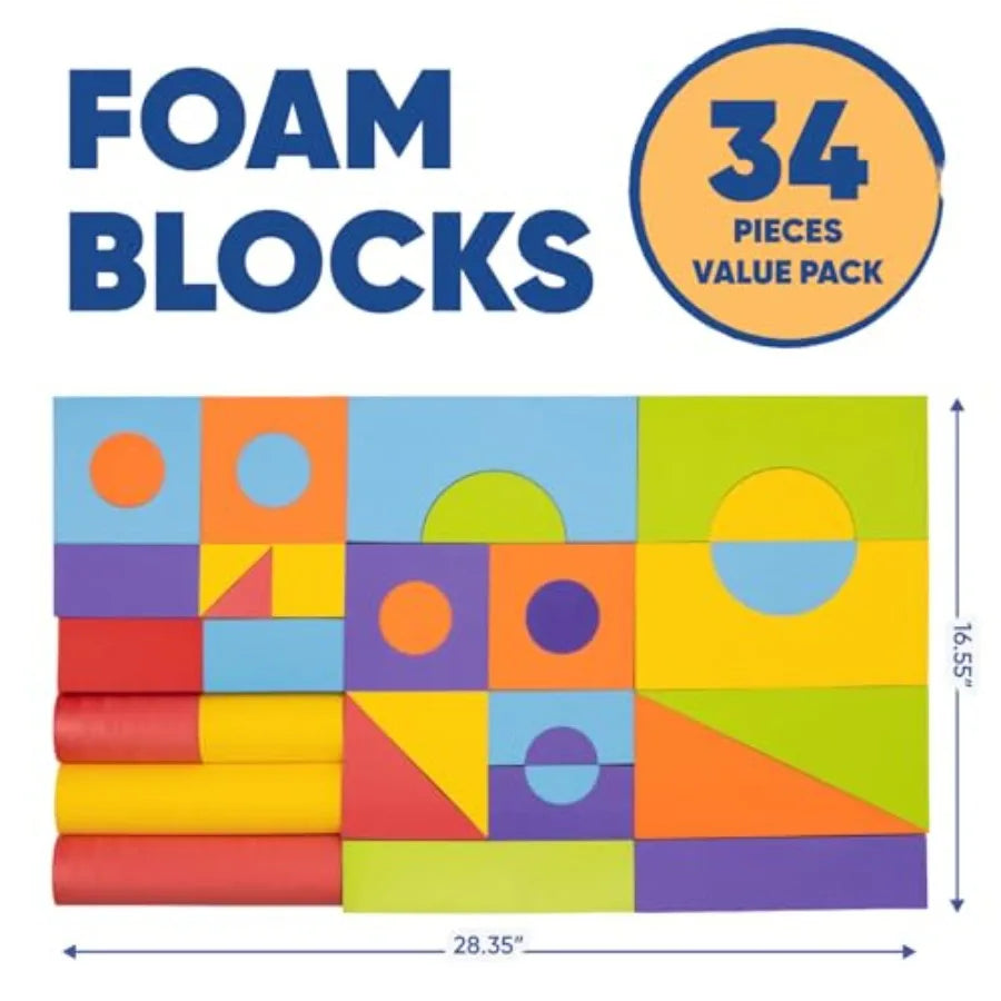 Set of 34 Large Foam Blocks for Toddlers - Stacking Soft Blocks for with Shapes and Colors Learning - Construction Building Pre