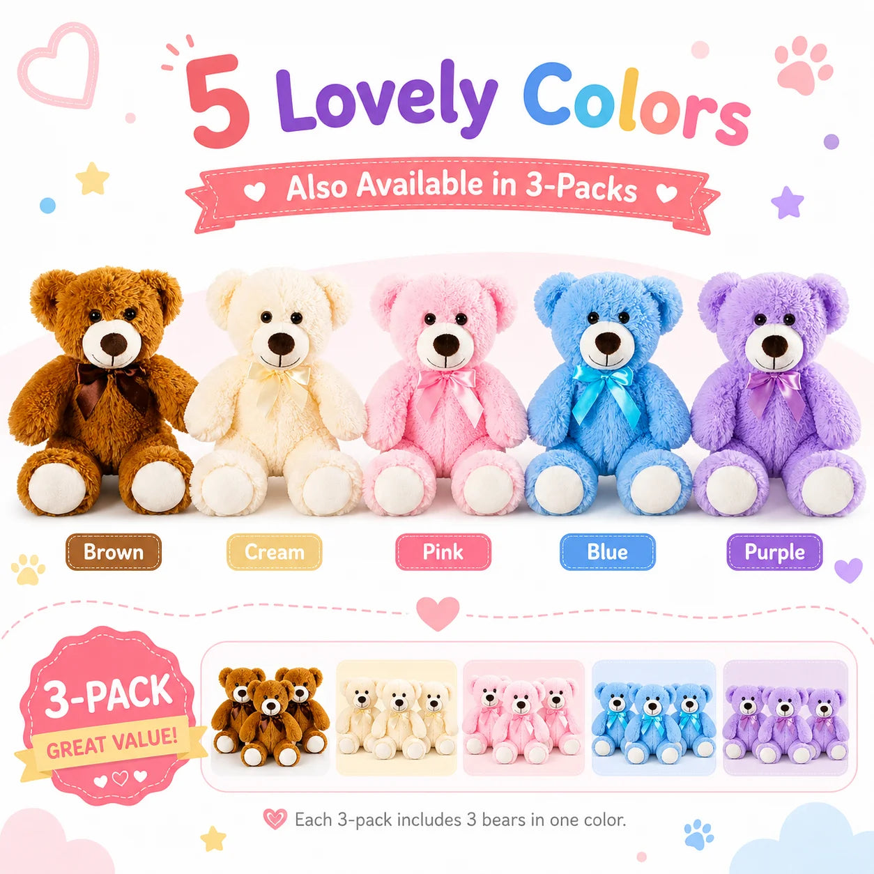 SNOWOLF Teddy Bear 13.5 Inch Stuffed Animals Plush Toys 3 Cream Stuffed Bears for Girls Perfect Gift for Girlfriend Birthday Gift Valentine's Gift
