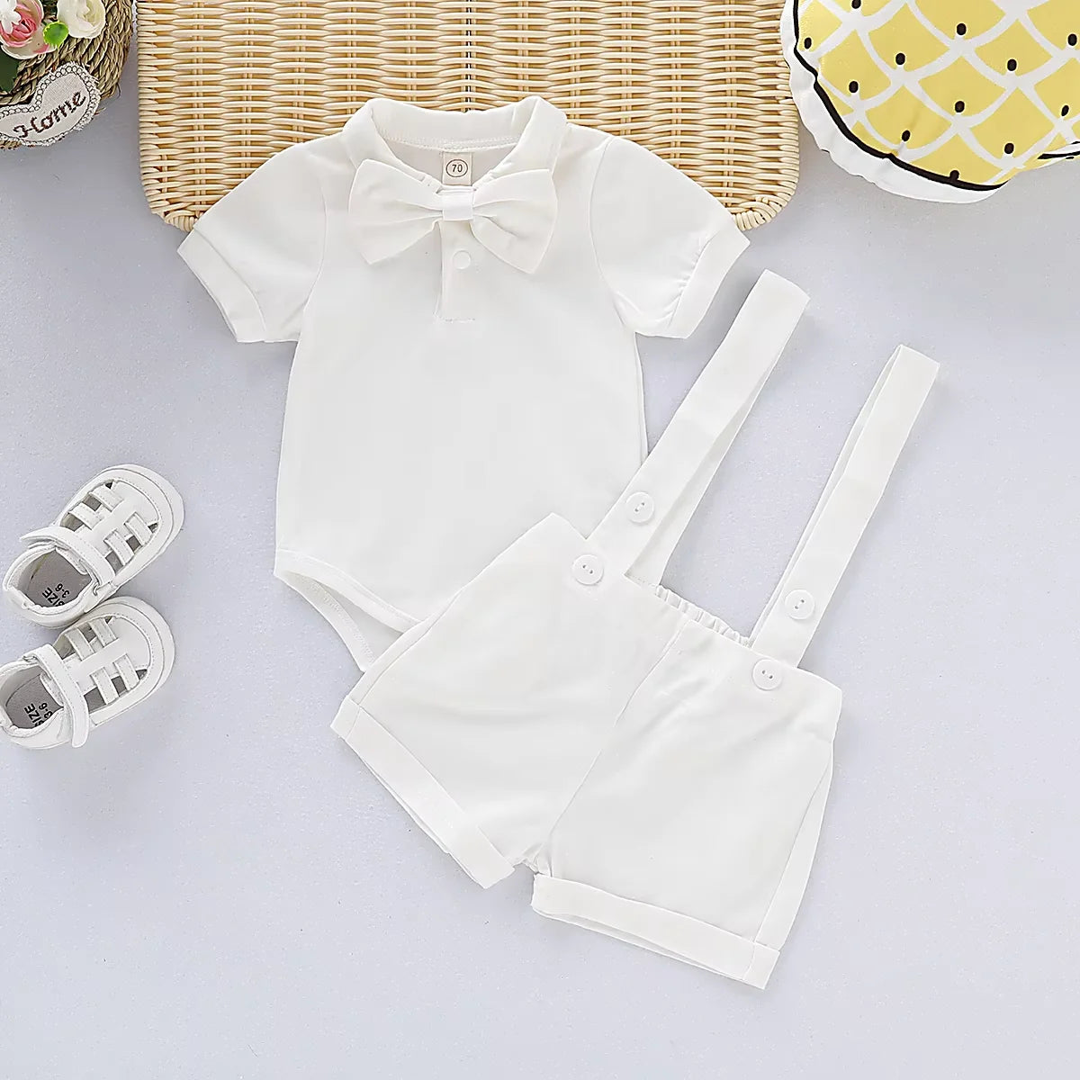 Mini Gentleman Outfit Newborn Baby Boy Formal Costumes Short Sleeve Shirt With Bow + Romper Short Pants Summer Fashion 2 Pcs Set