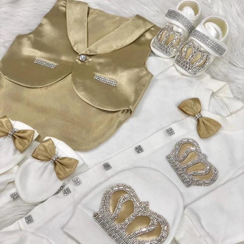 Baby Christening Baptism Prince Suit Newborn 0-9 Months 5Pcs White Antique Gold Satin Vest Crown Bow Formal Luxury Baby Outfit
