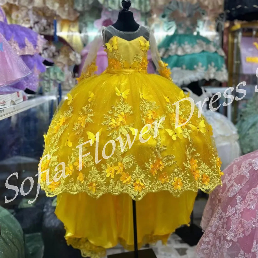 Ivory Customized Kids Birthday Dress Lace Appliques Long Sleeves Flower Girl Dress for Wedding Party Girls First Communion Gowns