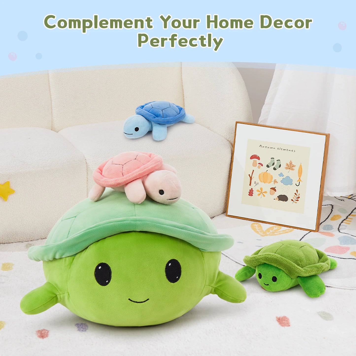 MorisMos 15.7" Giant Turtle Plush, Soft Turtle Stuffed Animal Toy with 3 Baby Turtles Cute Plushie for Kids