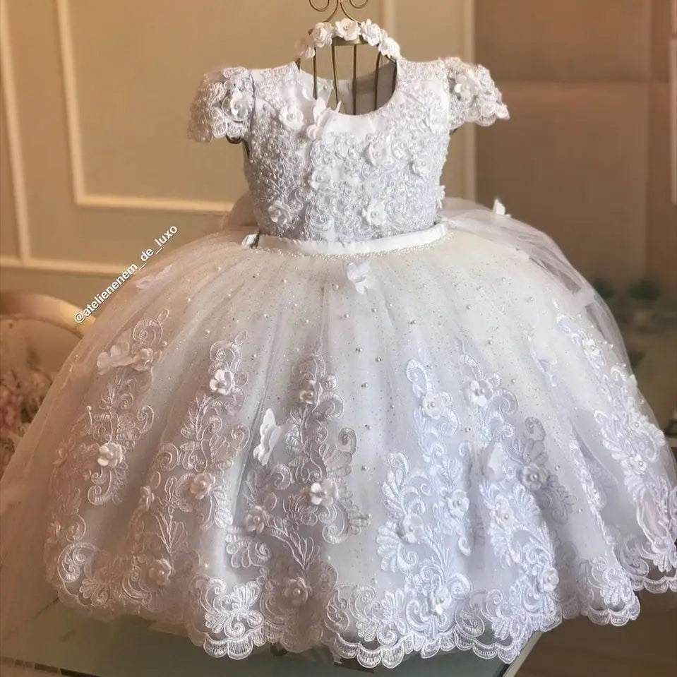 White Applique Flower Girl Dresses For Photoshoot Ball Gown Litter Kids Pageant Gown Birthday Party First Communion Dress