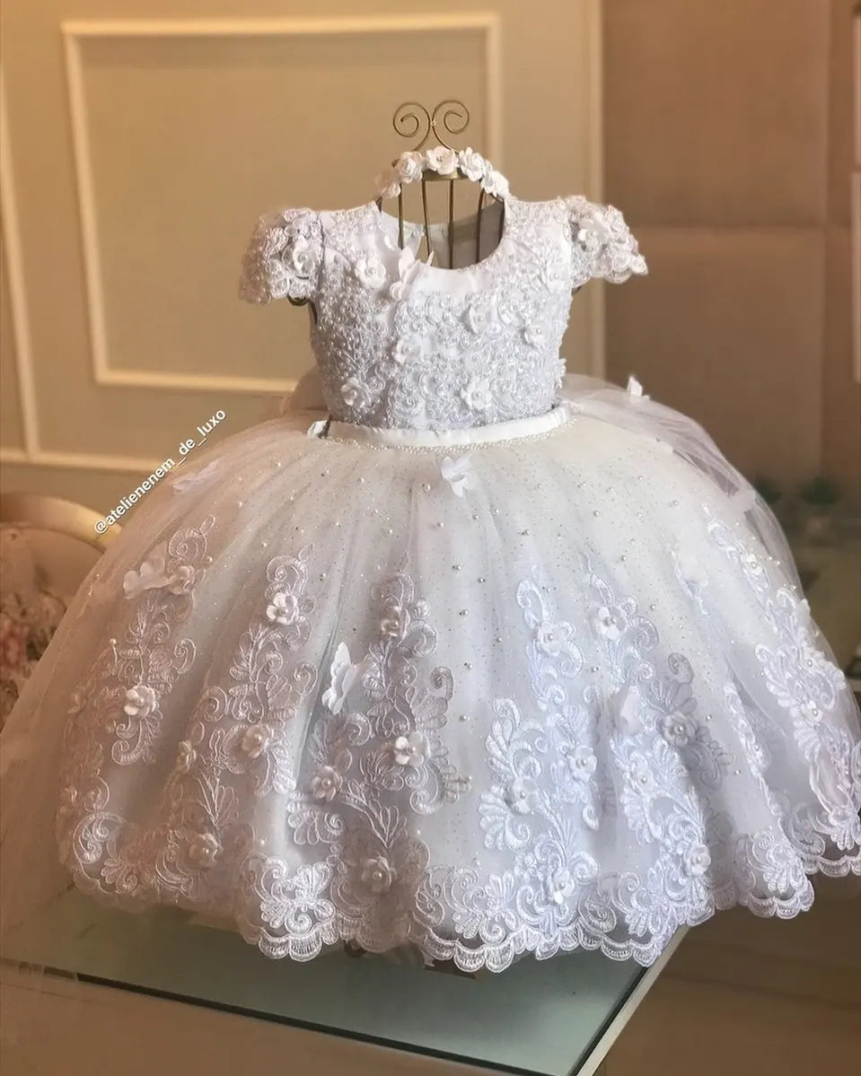 White Applique Flower Girl Dresses For Photoshoot Ball Gown Litter Kids Pageant Gown Birthday Party First Communion Dress