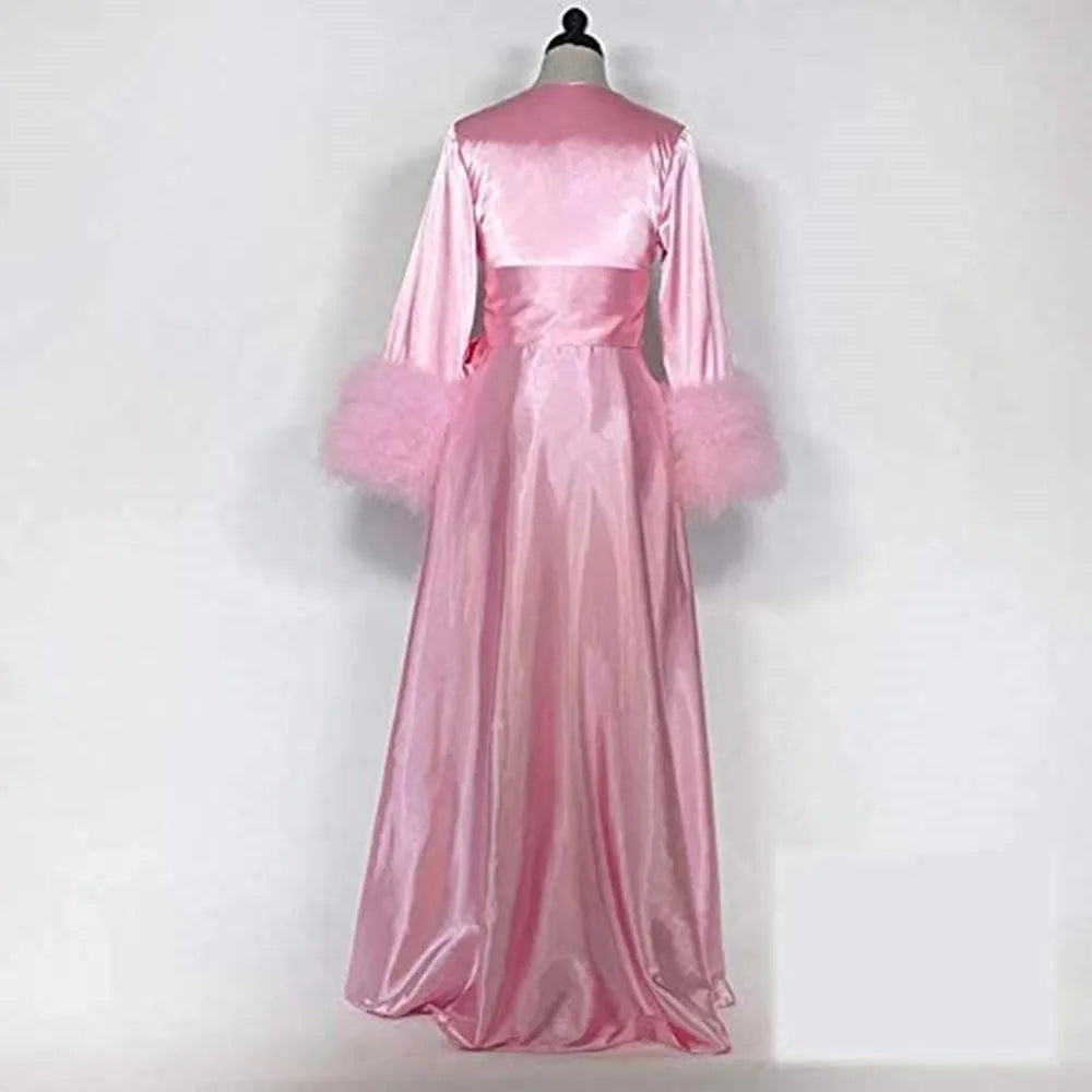 Ladies Pink Dressing Gown Robe Elastic Silk Satin Feather Bridal Robes Dessous Fotografie Bridal Maternity Photo Shoot Bathrobe