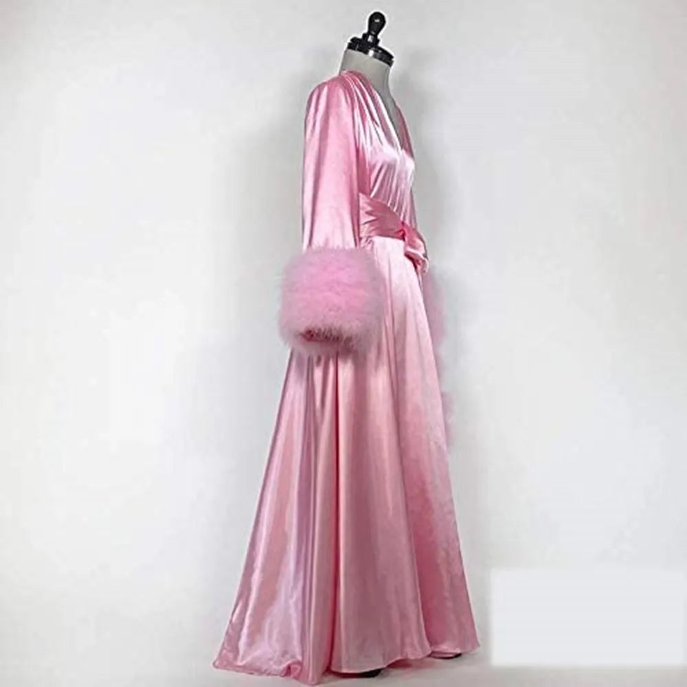 Ladies Pink Dressing Gown Robe Elastic Silk Satin Feather Bridal Robes Dessous Fotografie Bridal Maternity Photo Shoot Bathrobe