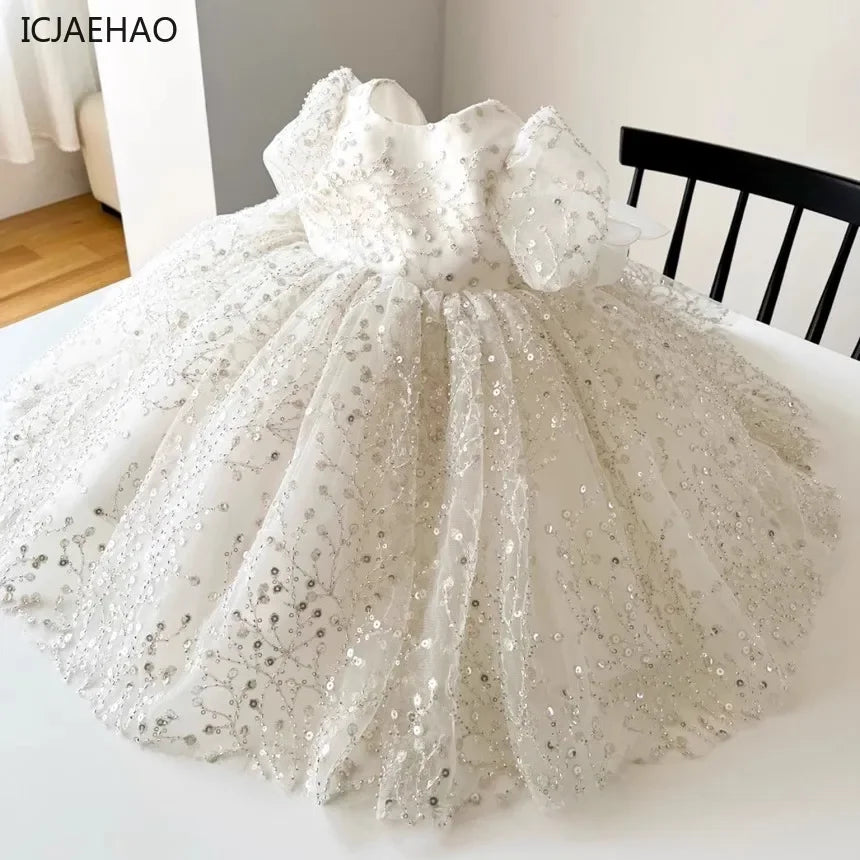 Girl's White Wedding Party Princess Sequins Dresses Kids VestidosTutu Dress, Elegant Princess Dress for Flower Girl Birthday