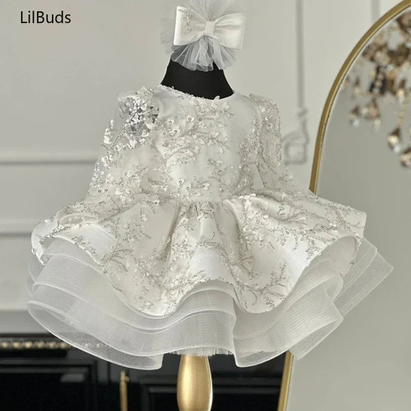 Children's Princess Elegant Dress for Girl Costume New Baby Kid Long Sleeve Silver Grey Handmade Decal Girls Puffy Party Clothes