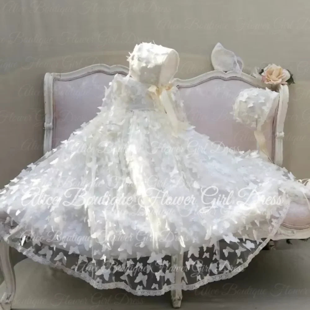 Flower Girl Dresses Butterfully Applique New Born Baby Baptism Gown A-Line Long Sleeves Lovely 3-24 Month Christening Ball Gowns