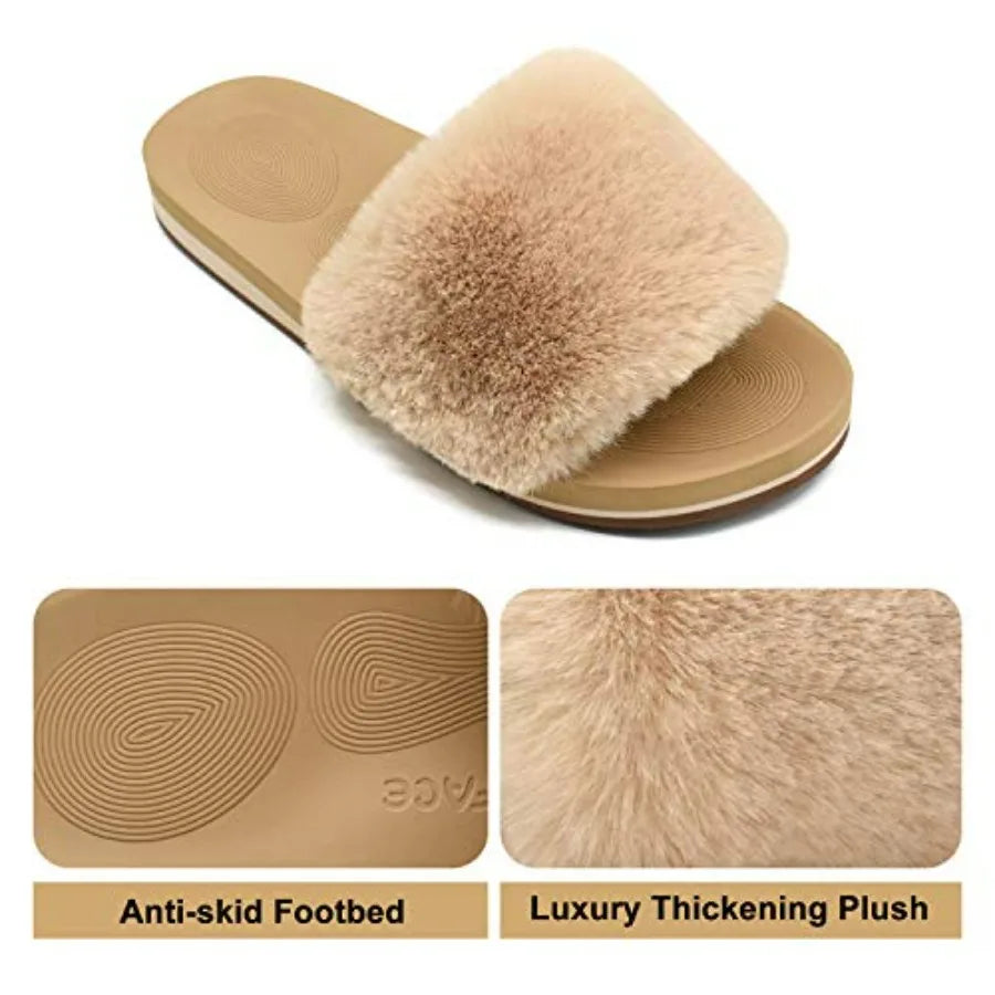 COFACE Fuzzy Womens Slippers with Arch Support Open Toe Orthopedic Fur Slipper Indoor Outdoor