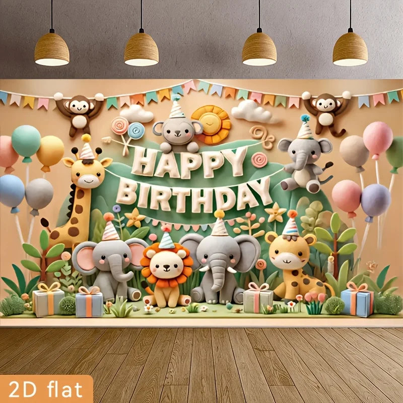 2D Flat,Cute Jungle Animals Happy Birthday Banner Balloon Gift Box Cartoon Tapestry Kids Party Decor Playful Nursery Wall Art