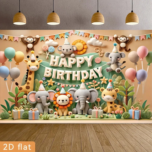 2D Flat,Cute Jungle Animals Happy Birthday Banner Balloon Gift Box Cartoon Tapestry Kids Party Decor Playful Nursery Wall Art