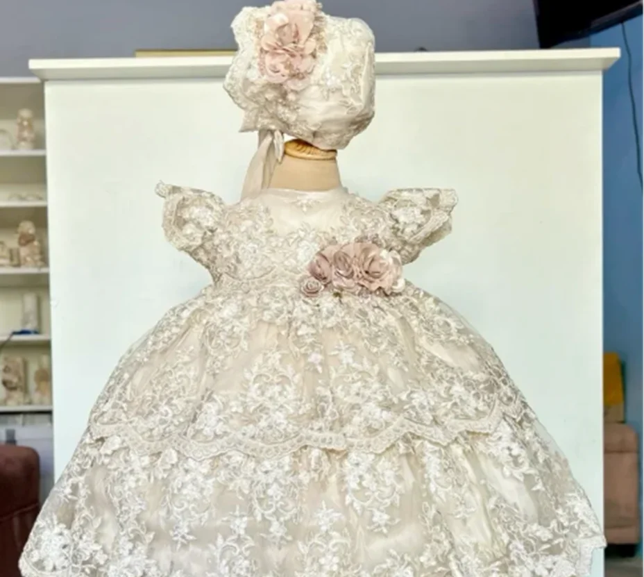 Christening Gown for Little Kids Short Sleeve Lace Pearls Flower Girl Dress First Communion Dress Cute Toddler Infant Baptism