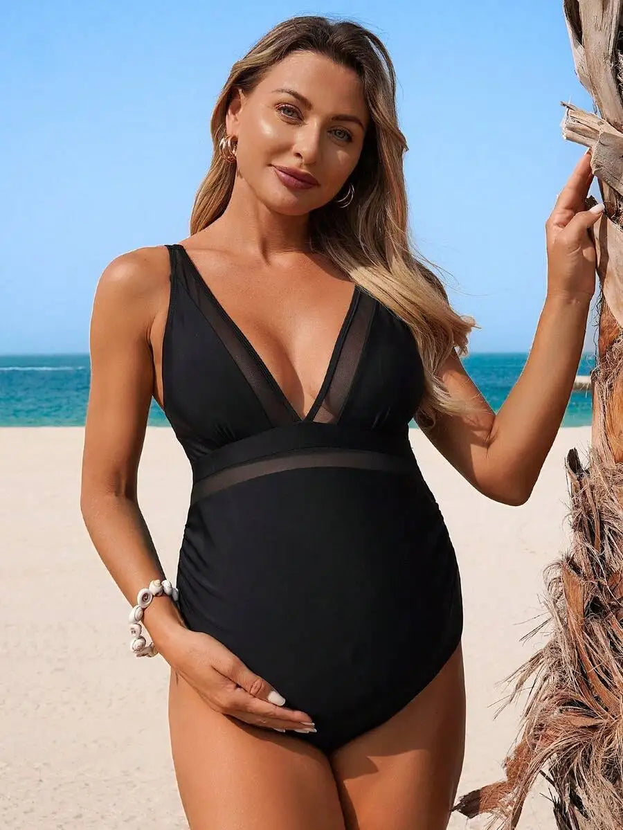 Maternity Solid Mesh Patchwork Deep V-Neck One-Piece Swimsuit