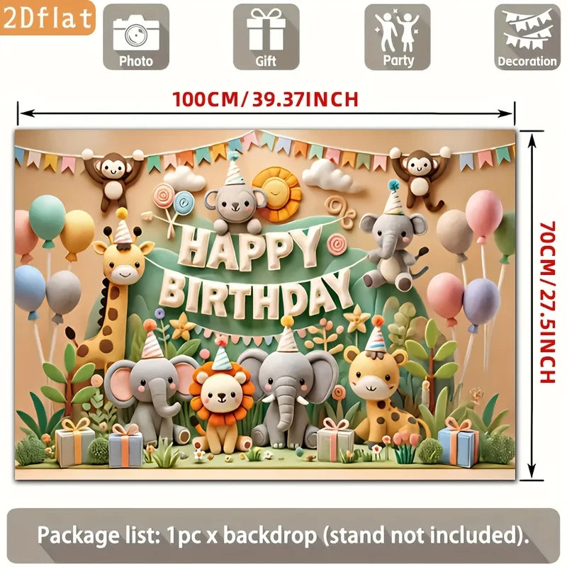 2D Flat,Cute Jungle Animals Happy Birthday Banner Balloon Gift Box Cartoon Tapestry Kids Party Decor Playful Nursery Wall Art