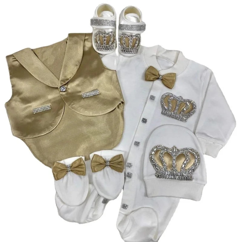 Baby Christening Baptism Prince Suit Newborn 0-9 Months 5Pcs White Antique Gold Satin Vest Crown Bow Formal Luxury Baby Outfit