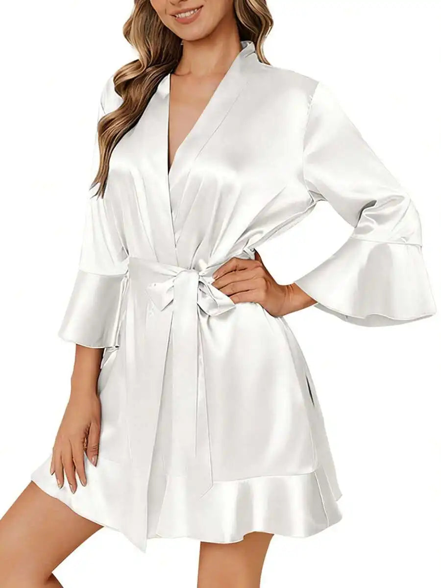 Women Satin Kimono Robe Silky Bathrobe Summer Loungewear Sleepwear