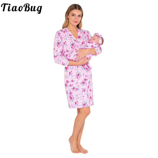 Maternity Robe And Baby Receiving Blanket Long Sleeve Belted Mommy Labor Delivery Robe with Swaddle Headband Set Hospital Outfit