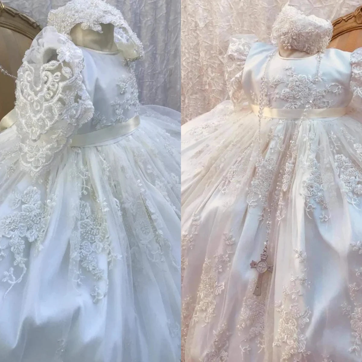 Beaded Lace Christening Gowns for Girls Baby Baptism Gowns Customized Newborn Kids Birthday First Communion Dresses