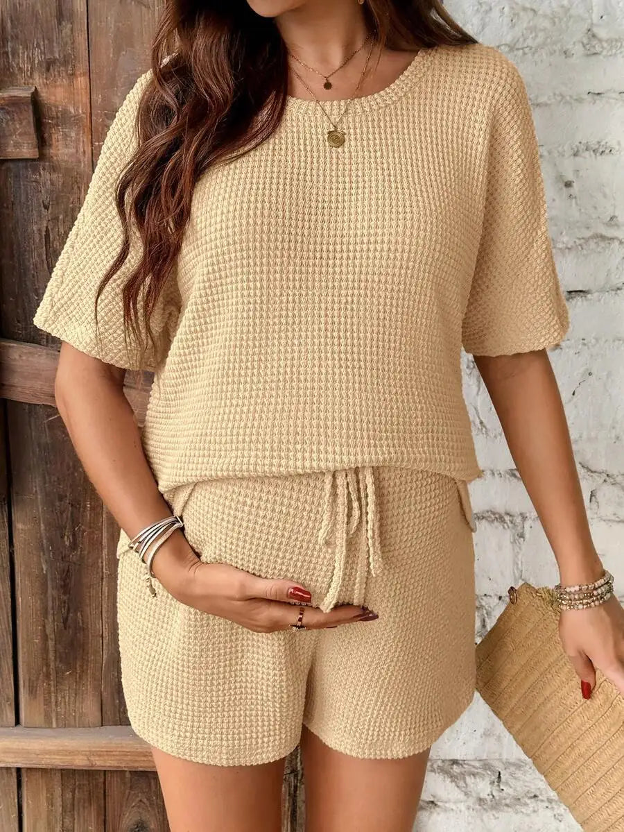Waffle Knit Maternity Two Piece Set Short Sleeve Top And Shorts Solid Color Summer Casual Outfit