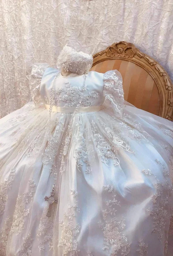 Beaded Lace Christening Gowns for Girls Baby Baptism Gowns Customized Newborn Kids Birthday First Communion Dresses