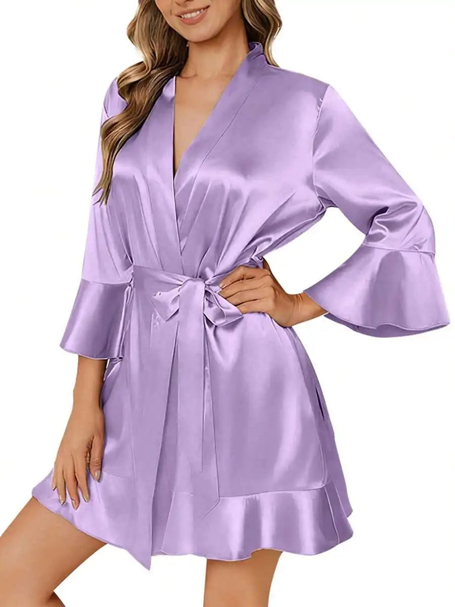 Women Satin Kimono Robe Silky Bathrobe Summer Loungewear Sleepwear