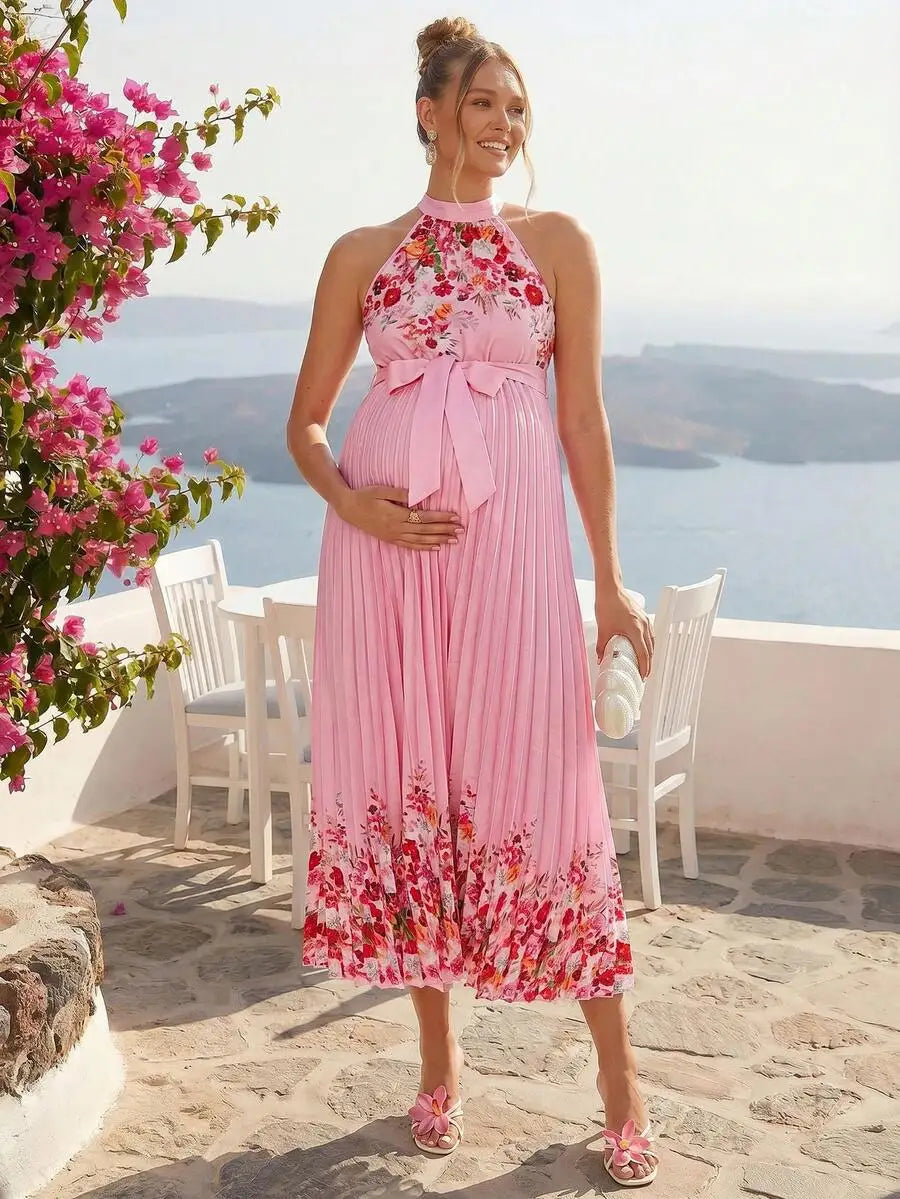 Elegant Floral Print Halter Pleated Maternity Dress For Summer