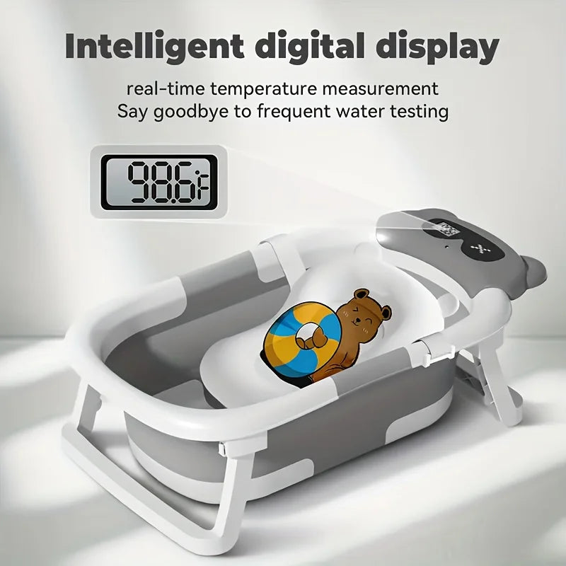Foldable baby bathtub set with temperature monitor, portable travel foldable baby bathtub, non-slip base, durable design,