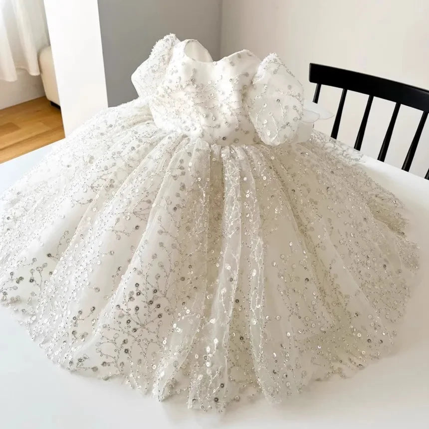 Girl's White Wedding Party Princess Sequins Dresses Kids VestidosTutu Dress, Elegant Princess Dress for Flower Girl Birthday