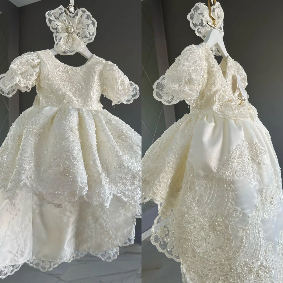 Customized Ivory Baby Christening Gowns Lace Appliques Girls Baptism Vintage Long Newborn Kids Birthday First Communion Dresses