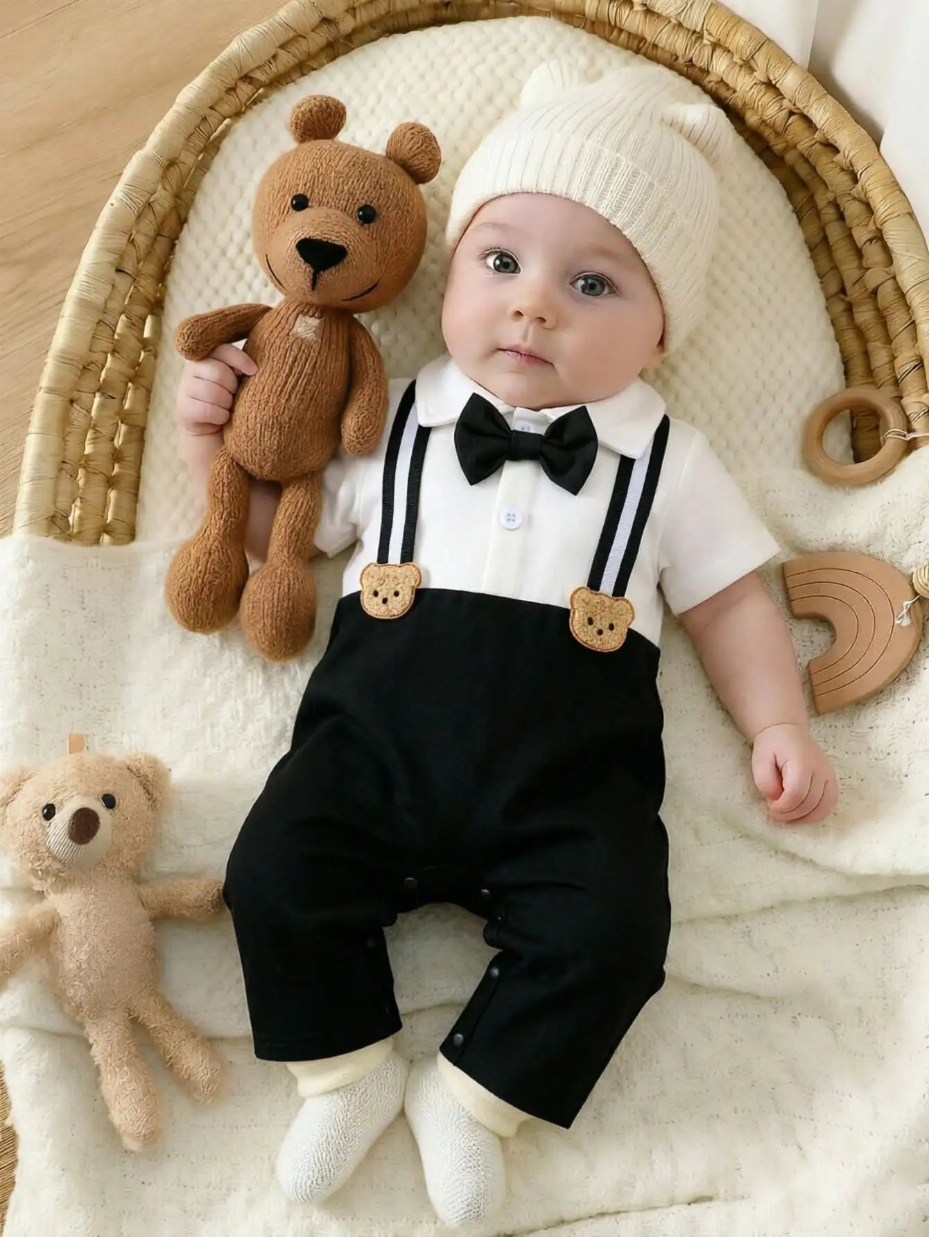 Newborn Baby Boy Romper Black And White With Bear & Bow Tie Decor Formal Christening Baptismal Suit