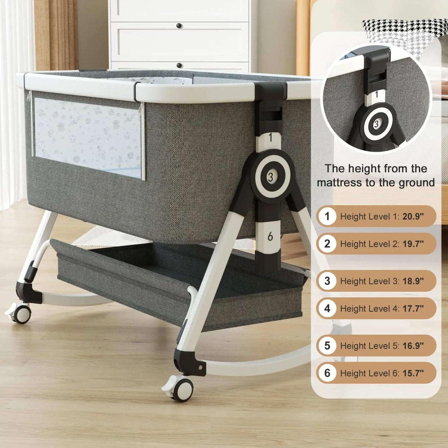 3 in 1 Baby Bassinet,Bedside Sleeper with Storage Basket and Wheels,Portable Baby Crib with Mosquito Net, 6 Adjustable Height & Breathable Mesh,Easy to Fold