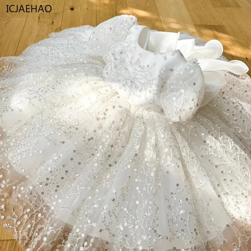 Girl's White Wedding Party Princess Sequins Dresses Kids VestidosTutu Dress, Elegant Princess Dress for Flower Girl Birthday