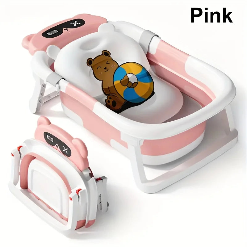 Foldable baby bathtub set with temperature monitor, portable travel foldable baby bathtub, non-slip base, durable design,