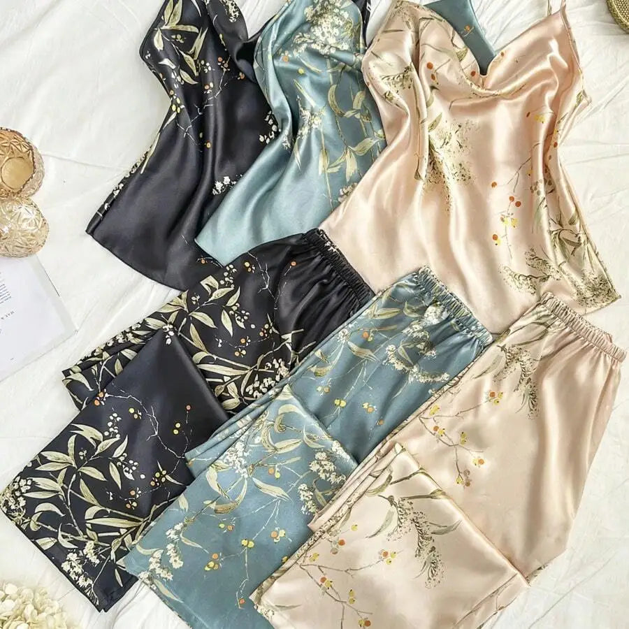 Floral Print Silk Pajama Set With Cowl Neck And Elastic Waist Pants