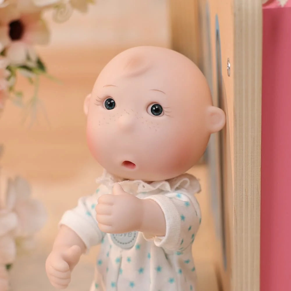 Cloveray Original 7 Inch Cute Soft Vinyl Baby Rebirth Doll Blue Polka Dot Jumpsuit Washable Baby Birthday Toy