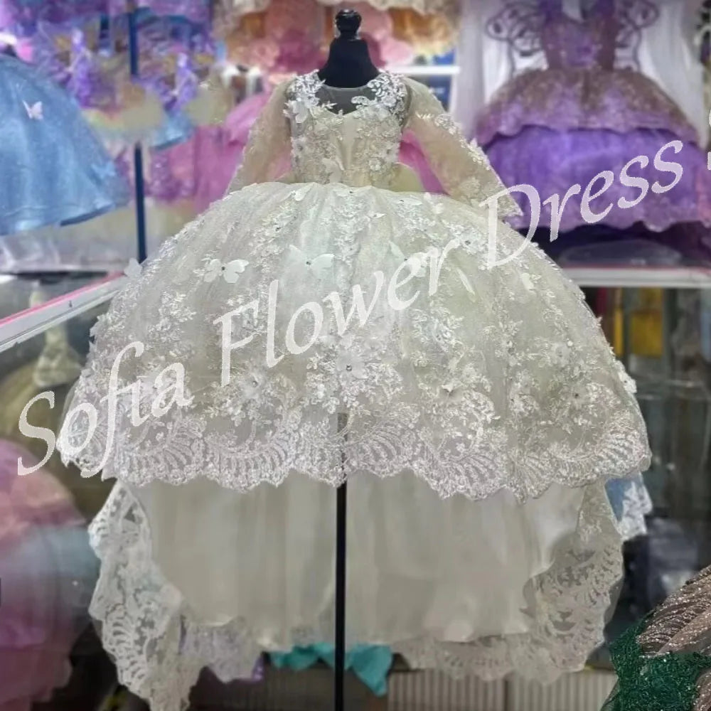 Ivory Customized Kids Birthday Dress Lace Appliques Long Sleeves Flower Girl Dress for Wedding Party Girls First Communion Gowns