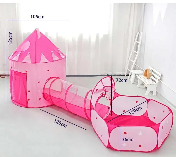 3 in 1 Kids Tent House Portable Castle Play Toy with Tunnel & Ocean Ball Pool child Pit Foldable Indoor Outdoor Baby Playhouse