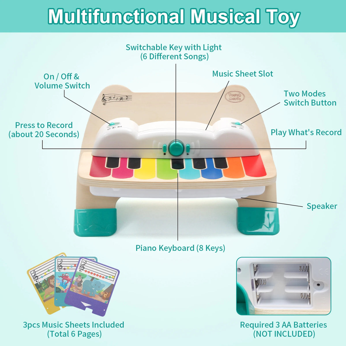 Wooden Touch Play Piano with Light & Music insert socre Music Score early learning Educational Toys Baby Gifts Instrument Toy