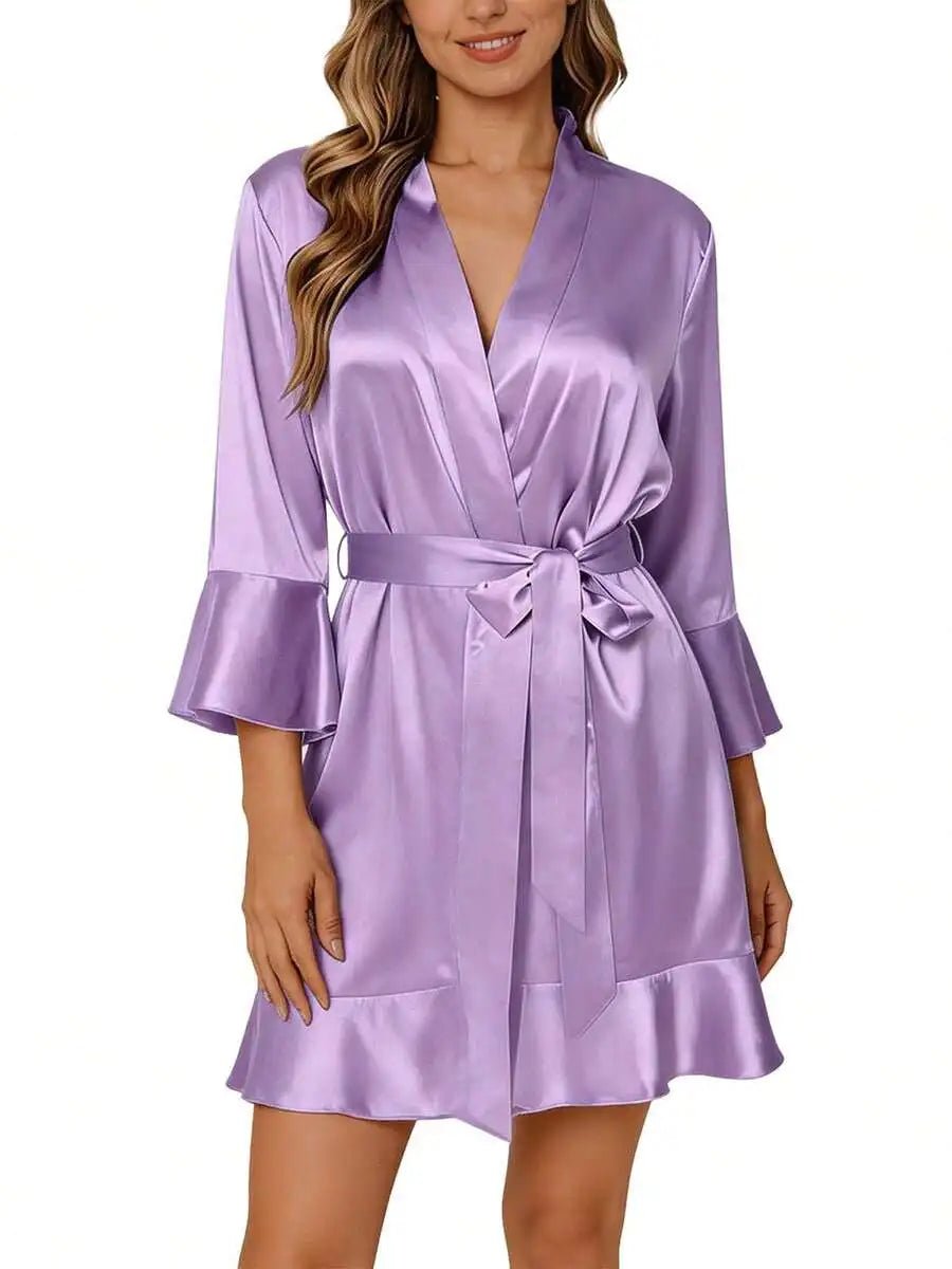 Women Satin Kimono Robe Silky Bathrobe Summer Loungewear Sleepwear