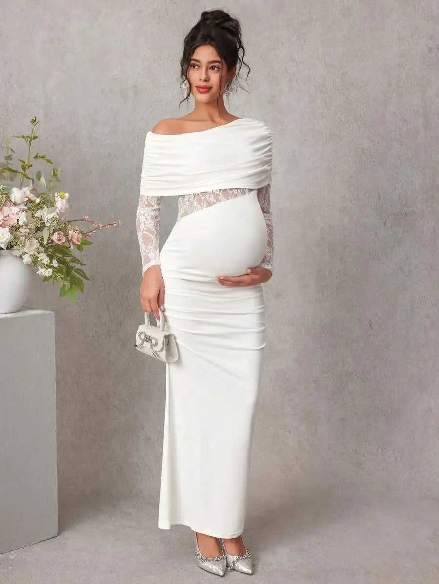 Maternity Lace Patchwork White Long Sleeve Fitted Dress For Pregnant Women Spring Autumn