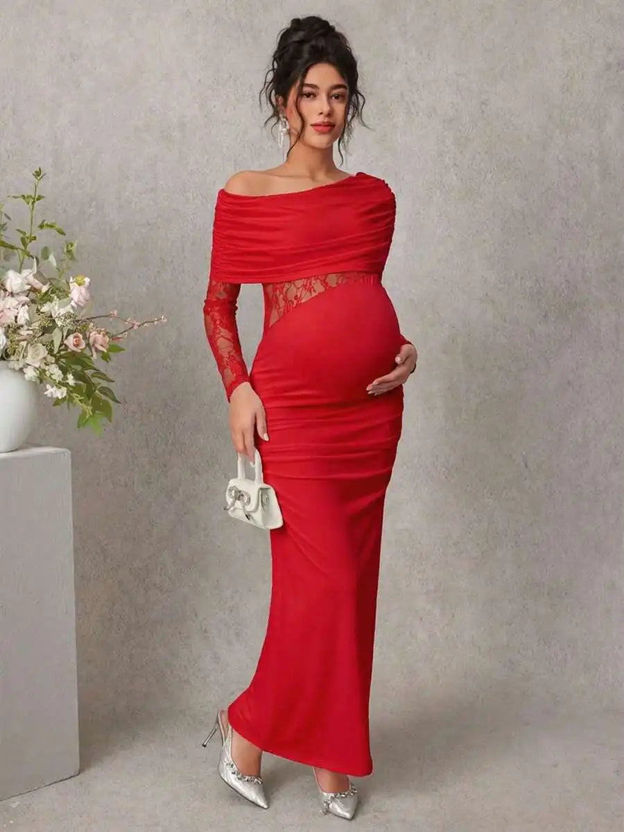 Maternity Lace Patchwork White Long Sleeve Fitted Dress For Pregnant Women Spring Autumn