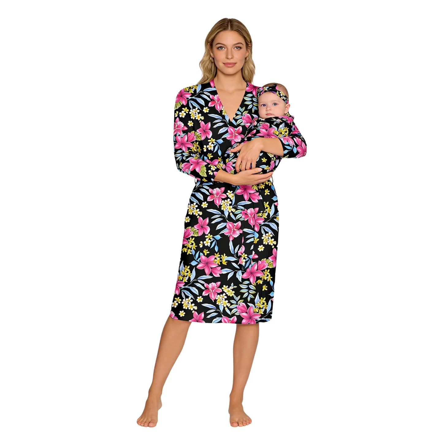 Maternity Robe And Baby Receiving Blanket Long Sleeve Belted Mommy Labor Delivery Robe with Swaddle Headband Set Hospital Outfit