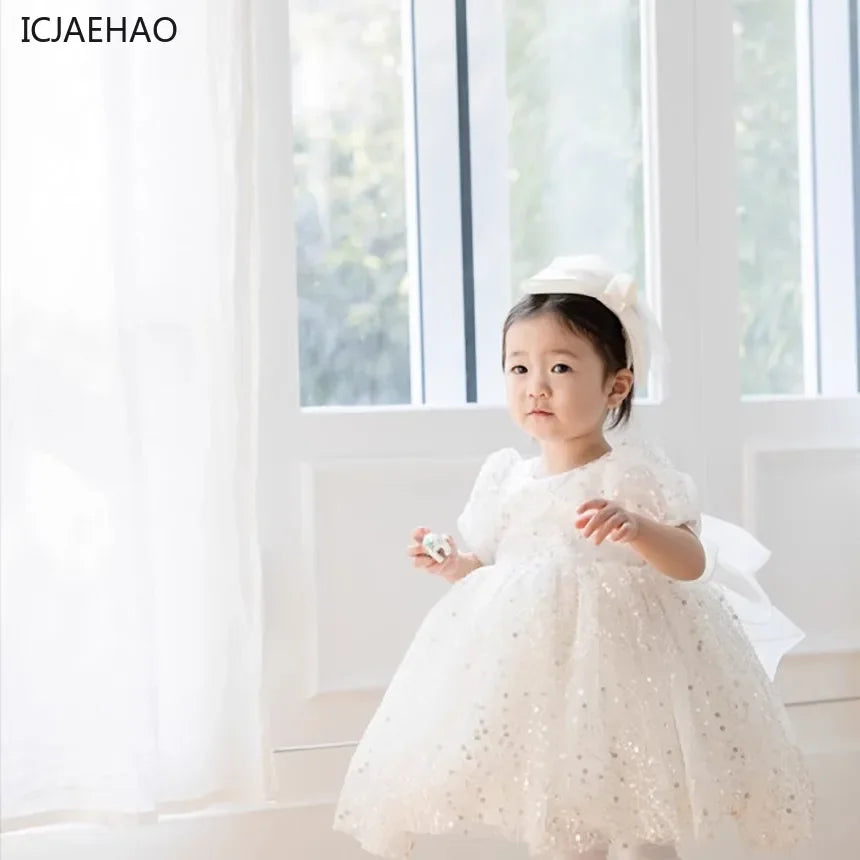 Girl's White Wedding Party Princess Sequins Dresses Kids VestidosTutu Dress, Elegant Princess Dress for Flower Girl Birthday