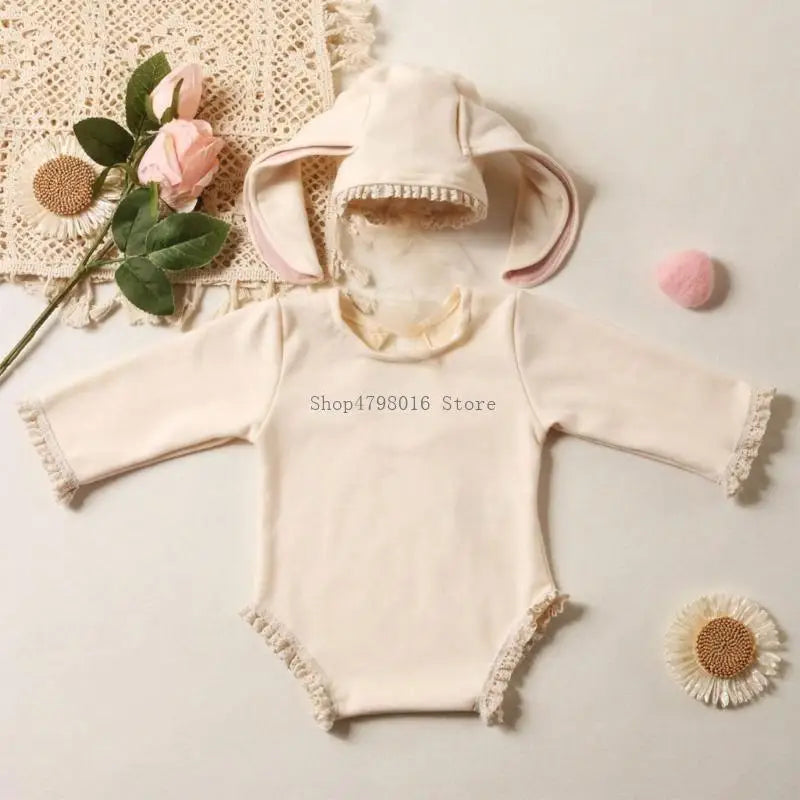 Baby Rabbit Ears Photography Outfit Rabbit Hat Bodysuit Set for Newborn Photo