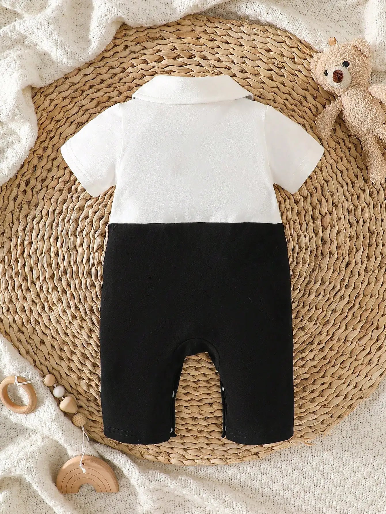 Newborn Baby Boy Romper Black And White With Bear & Bow Tie Decor Formal Christening Baptismal Suit